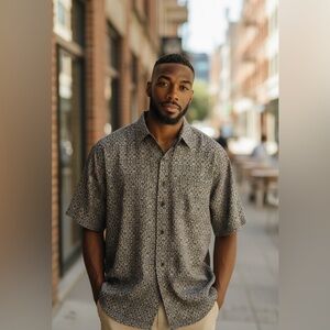 Colore Italia Men’s 100% Silk Hidden Button Down Shirt, Geometric Design, size L